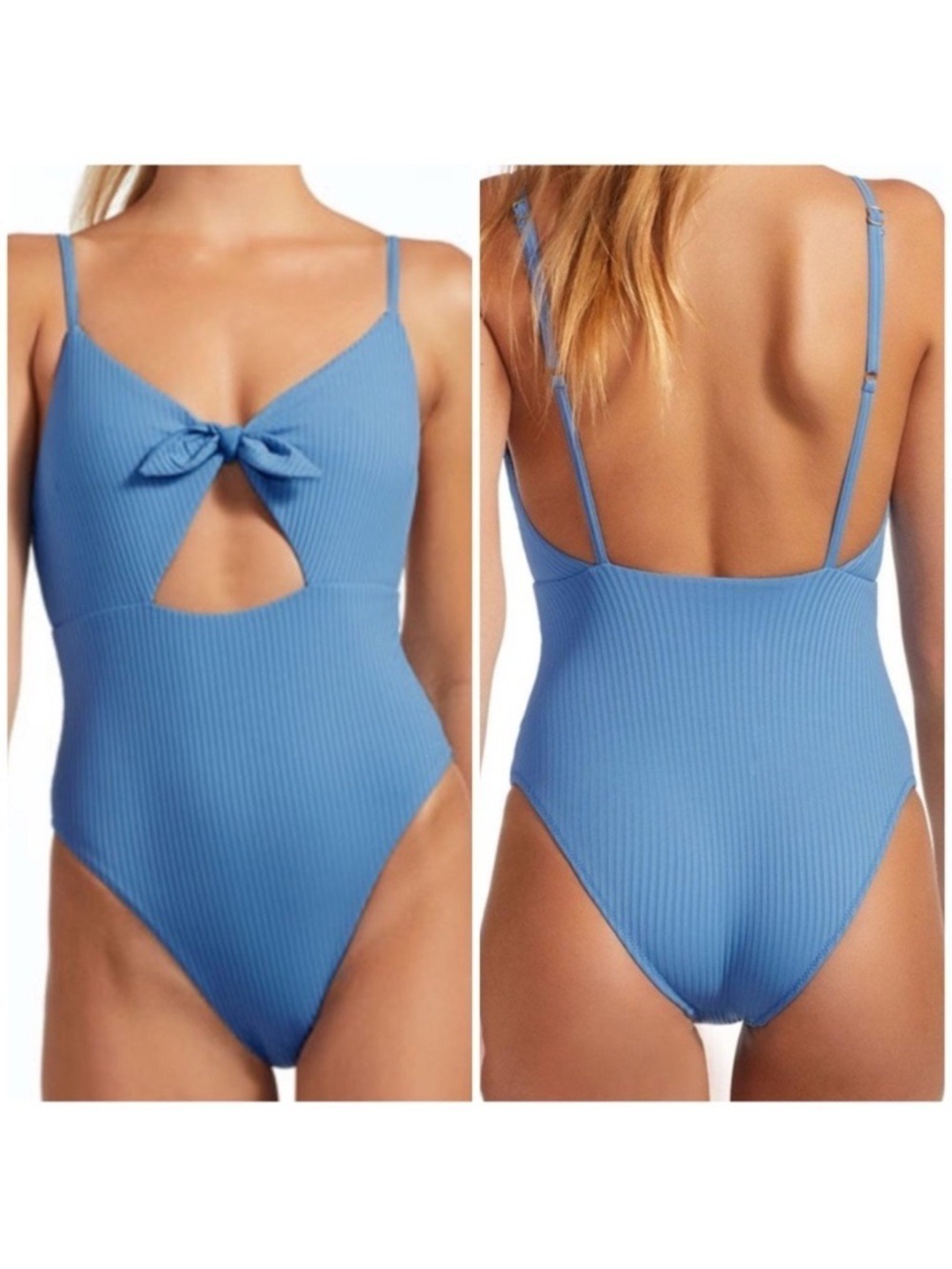 Vitamin A Eco Ribbed Alma One Piece Tie Front Cut Out One Piece Swimsuit in Blue